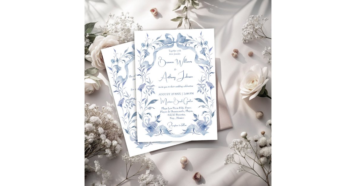 Dusty blue floral greenery ribbon elegant wedding invitation | Zazzle