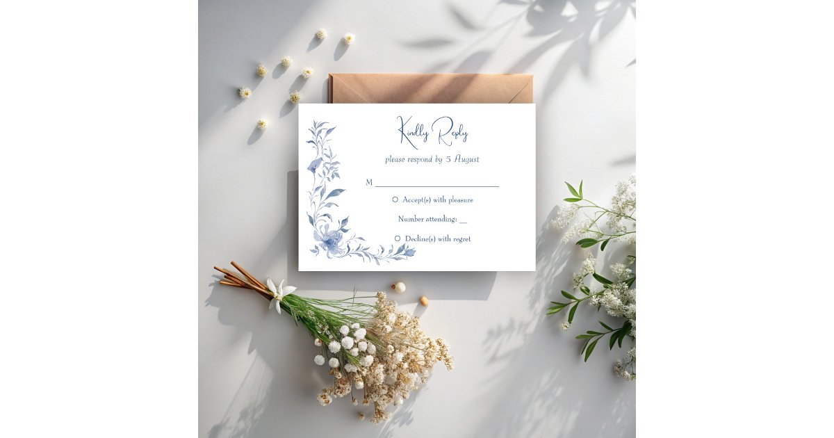 Dusty blue floral greenery ribbon elegant wedding RSVP card | Zazzle