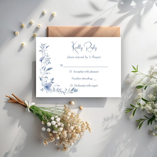 Dusty blue floral greenery ribbon elegant wedding RSVP card (Dusty blue vintage floral greenery ribbon elegant wedding RSVP cards wedding invitation suite)