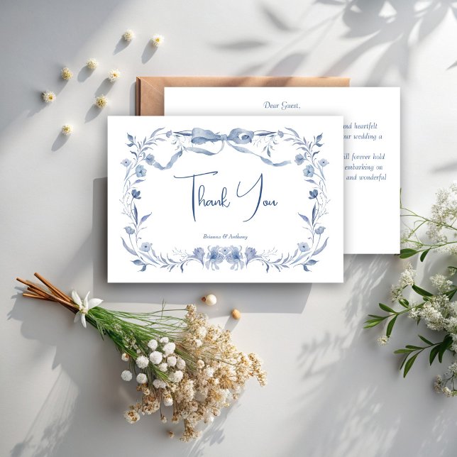 Dusty blue floral greenery ribbon elegant wedding thank you card (Dusty blue floral woodlands greenery ribbon bow elegant wedding thank you cards)