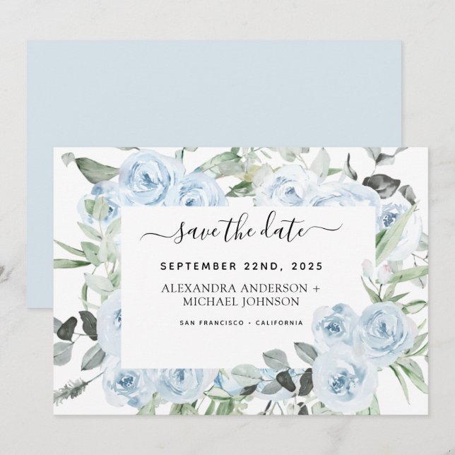 Dusty Blue Floral Greenery Save the Date  Invitation (Front/Back)