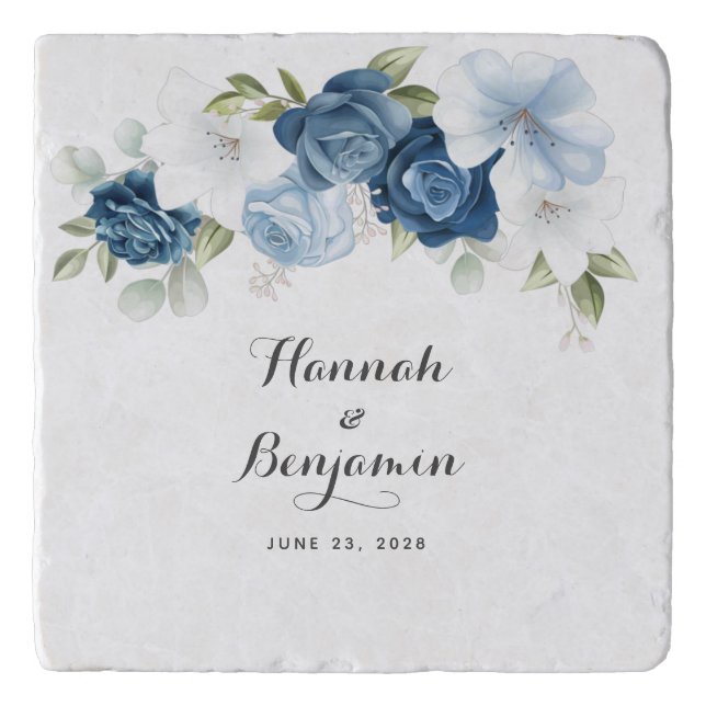 Dusty Blue Floral Greenery Script Modern Wedding Trivet (Front)