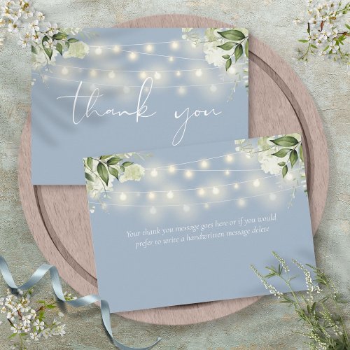 Dusty Blue Floral Greenery String Lights Thank You Card