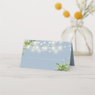 Dusty Blue Floral Greenery String Lights Wedding Place Card