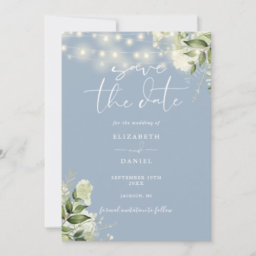 Dusty Blue Floral Greenery String Lights Wedding Save The Date