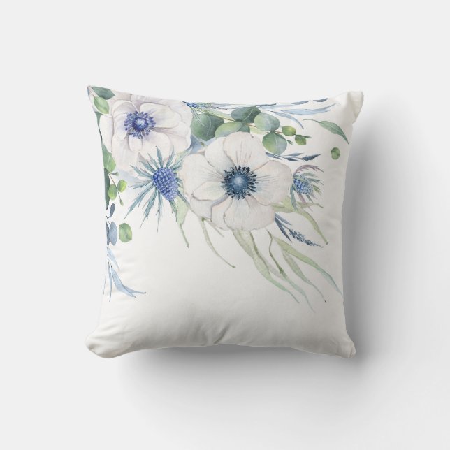 Dusty Blue Floral Greenery Watercolor Elegant Throw Pillow (Front)