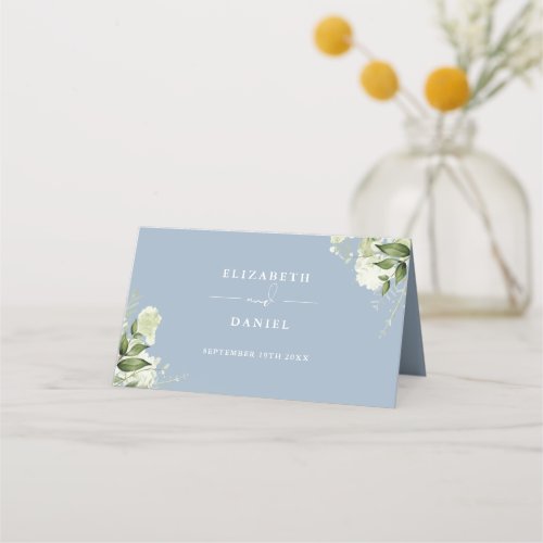 Dusty Blue Floral Greenery Wedding Folded Place Card