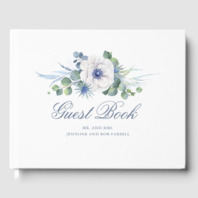 Dusty Blue Floral Greenery Wedding Guest Book (Front)