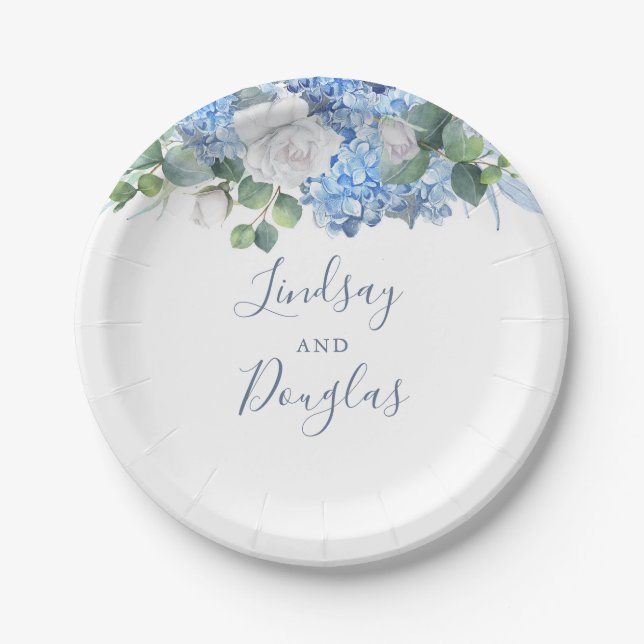 Dusty Blue Floral Greenery Wedding Hydrangea Paper Plates (Front)