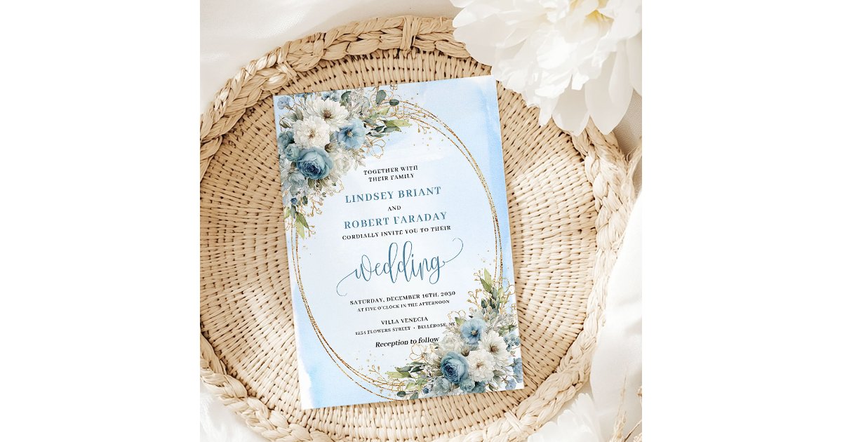 Dusty Blue Floral Greenery wedding invitation | Zazzle
