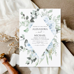 Dusty Blue Floral Greenery Wedding Invitation