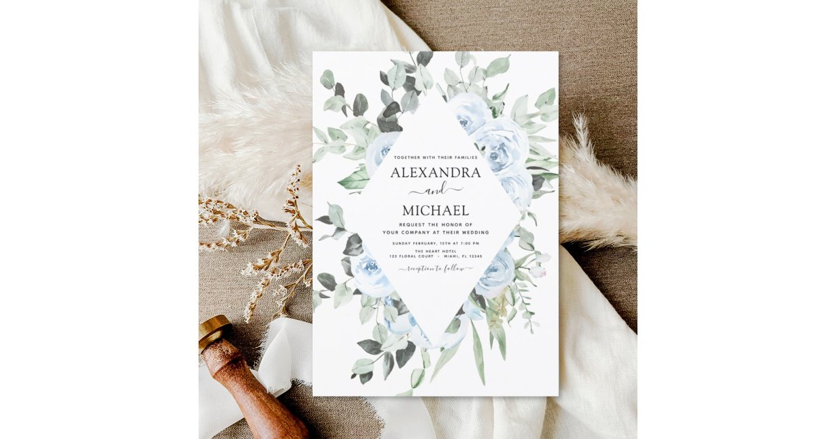 Dusty Blue Floral Greenery Wedding Invitation | Zazzle