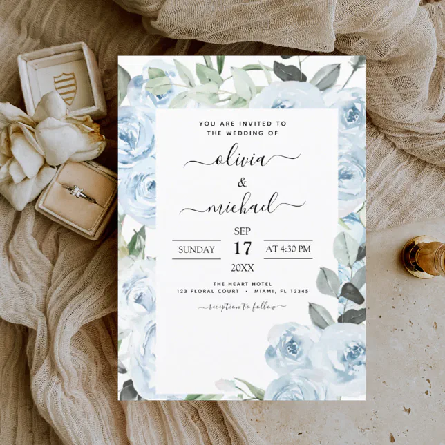 Dusty Blue Floral Greenery Wedding Invitation | Zazzle