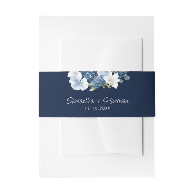 Dusty Blue Floral Greenery Wedding Invitation Belly Band (Front Example)