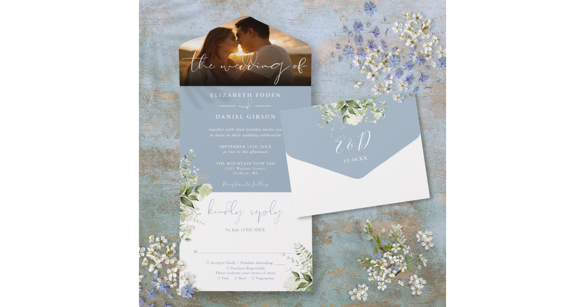 Dusty Blue Floral Greenery Wedding Photo All In One Invitation | Zazzle