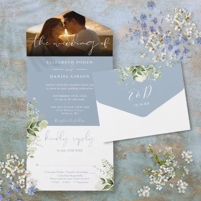 Dusty Blue Floral Greenery Wedding Photo All In One Invitation | Zazzle