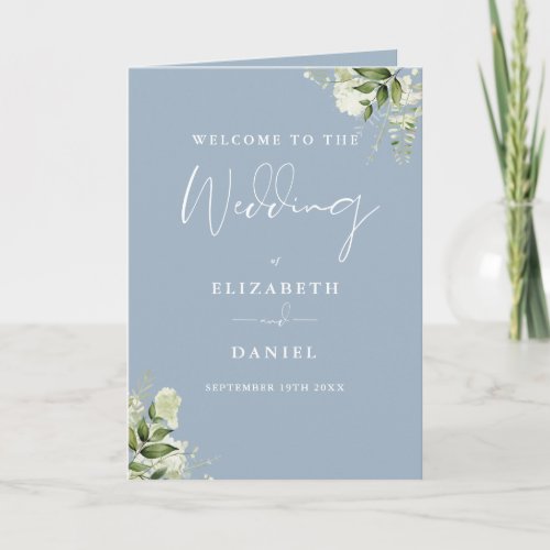 Dusty Blue Floral Greenery Wedding Program