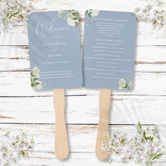 Dusty Blue Floral Greenery Wedding Program Hand Fan (Dusty Blue Floral Greenery Wedding Program Hand Fan)