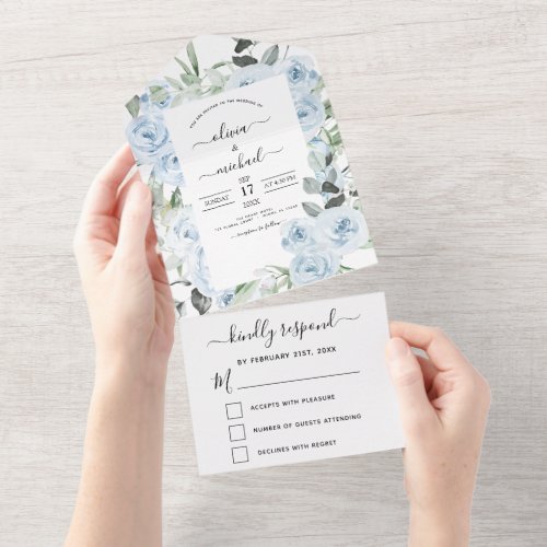 Dusty Blue Floral Greenery Wedding RSVP All In One Invitation