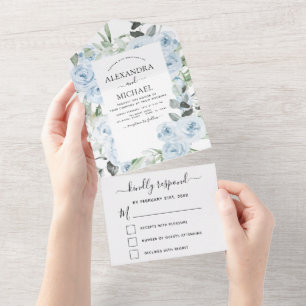 Dusty Blue Floral Greenery Wedding RSVP All In One Invitation