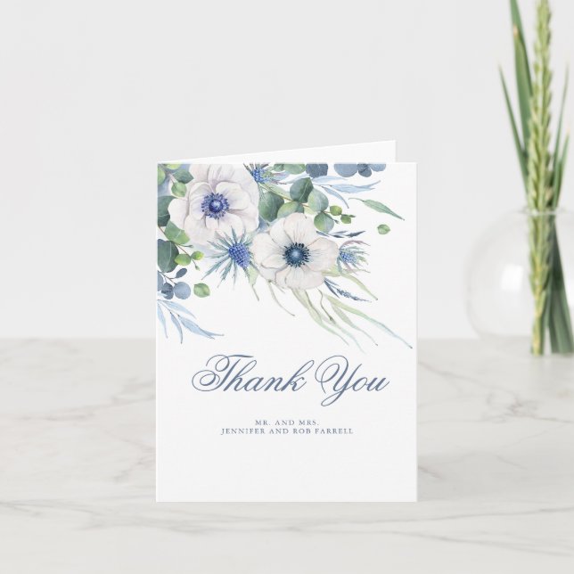 Dusty Blue Floral Greenery Wedding Thank You Card (Front)
