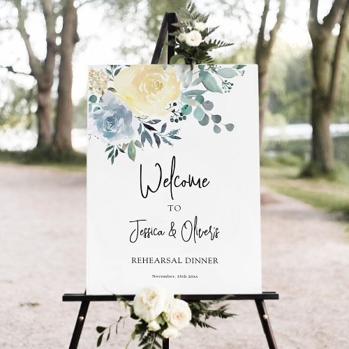 Dusty Blue Floral Greenery Wedding Welcome Sign
