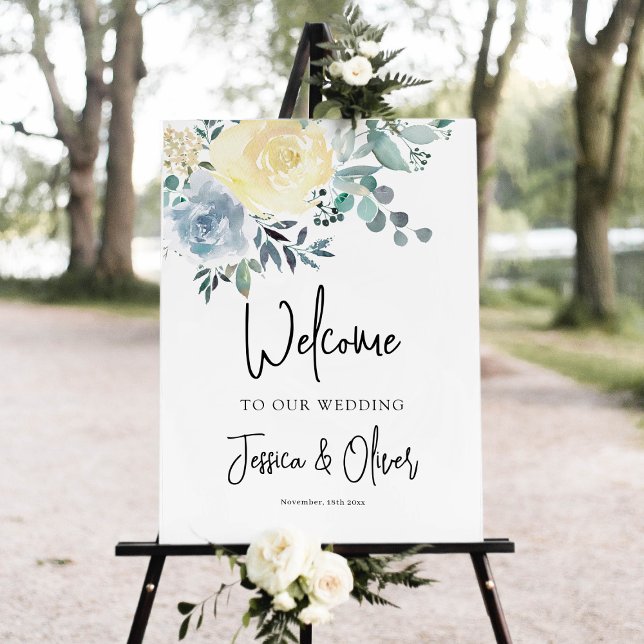 Dusty Blue Floral Greenery Welcome Wedding Sign (Creator Uploaded)