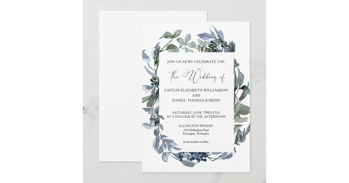 Dusty Blue Floral Greenery Wreath Wedding Invitation | Zazzle