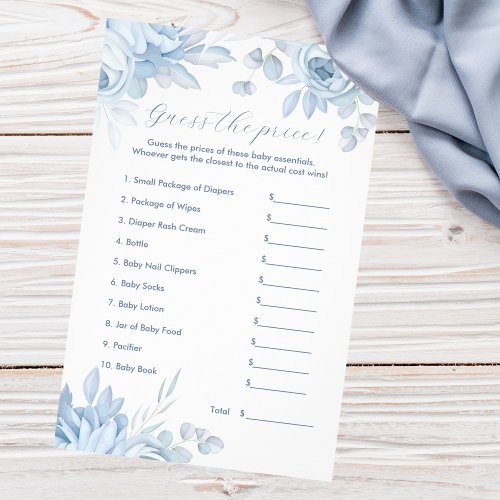 Dusty Blue Floral Guess The Price Baby Shower Game Flyer