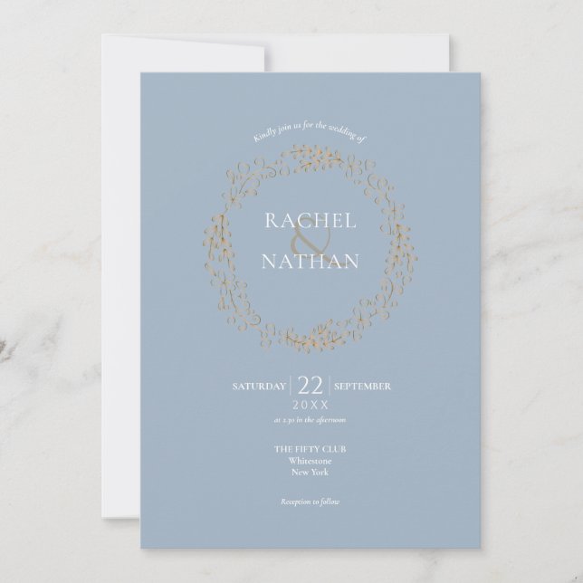 Dusty Blue Floral Halo Laurel Garland Wedding Invitation (Front)