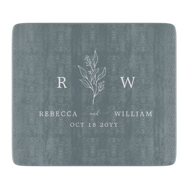 Dusty Blue Floral Handwritten Script Newlywed Cutting Board (Front)