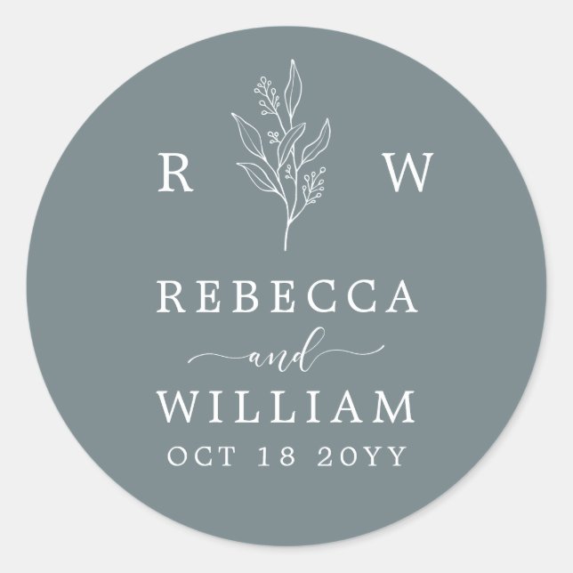 Dusty Blue Floral Handwritten Script Wedding Napki Classic Round Sticker (Front)