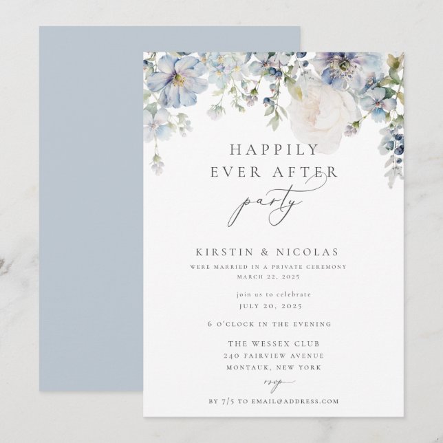 Dusty Blue Floral Happily Ever After Party Invitation (Front/Back)