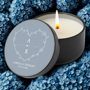 Dusty Blue Floral Heart Modern Monogram Wedding Mini Candle Favors