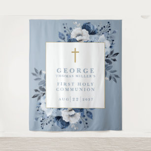 Dusty Blue Floral Holy Communion Photo Backdrop