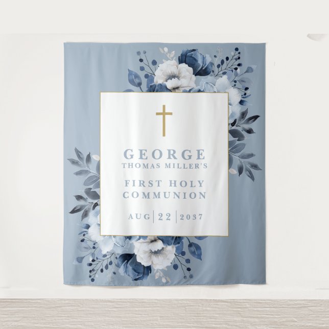 Dusty Blue Floral Holy Communion Photo Backdrop (Front)