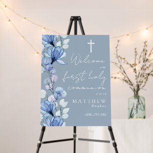 Dusty Blue Floral Holy Communion Welcome Sign