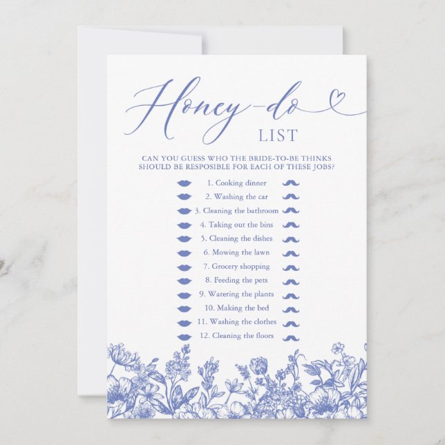 Dusty Blue Floral Honey Do List Bridal Shower Game Invitation (Front)