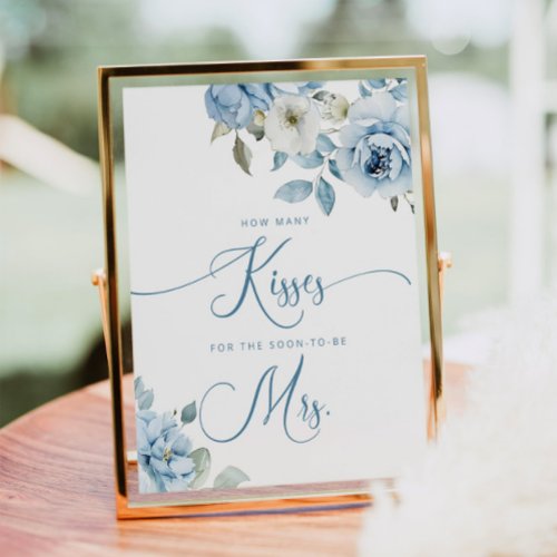 Dusty blue floral how many kisses bridal shower poster