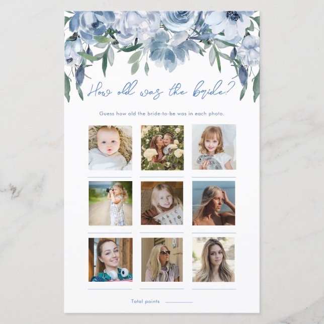Dusty Blue Floral How Old Was The Bride Photo Game (Front)
