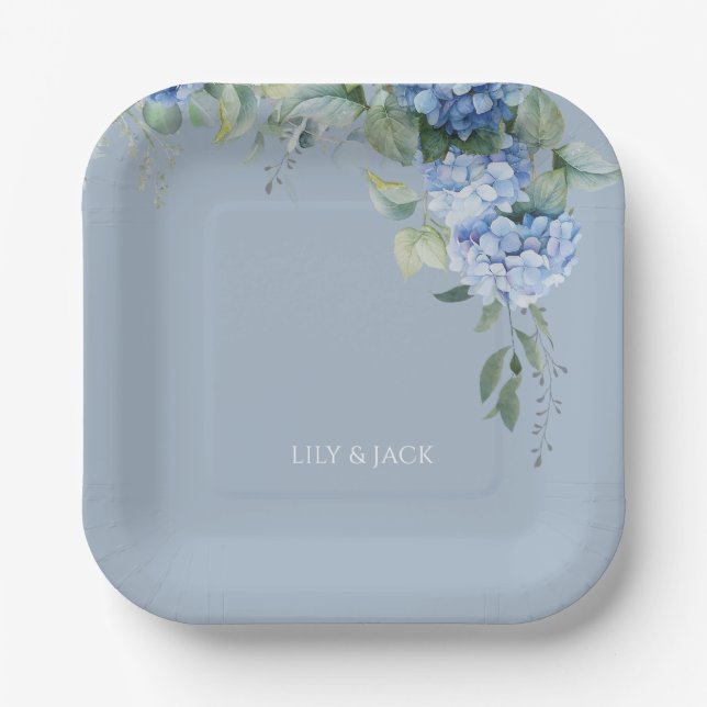  Dusty Blue Floral Hydrangea Event Wedding  Paper Plates (Front)