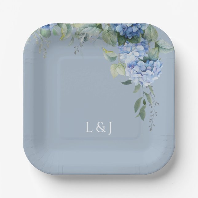  Dusty Blue Floral Hydrangea Initials Wedding  Paper Plates (Front)