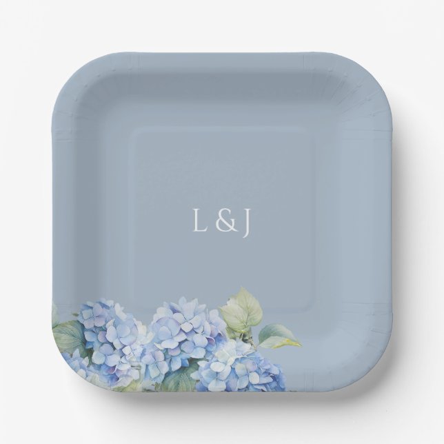 Dusty Blue Floral Hydrangea Initials Wedding  Paper Plates (Front)