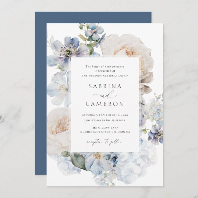 Dusty Blue Floral Hydrangea Roses Wedding Invitation (Front/Back)