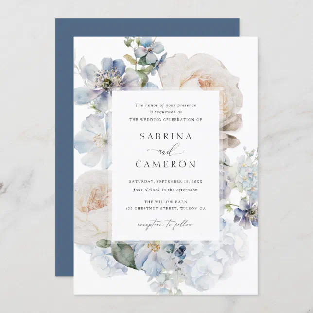 Dusty Blue Floral Hydrangea Roses Wedding Invitation | Zazzle