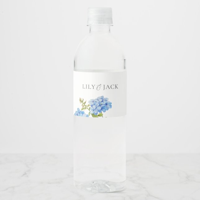 Dusty Blue Floral Hydrangea Wedding Event  Water Bottle Label (Front)