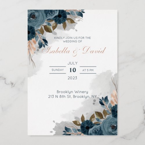 Dusty Blue Floral I Foil Wedding Invitation Foil Invitation