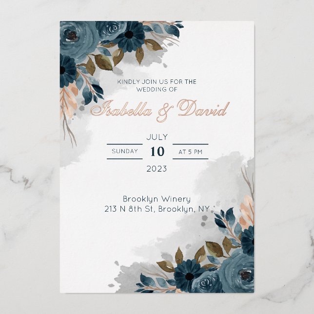 Dusty Blue Floral I Foil Wedding Invitation Foil Invitation (Front)