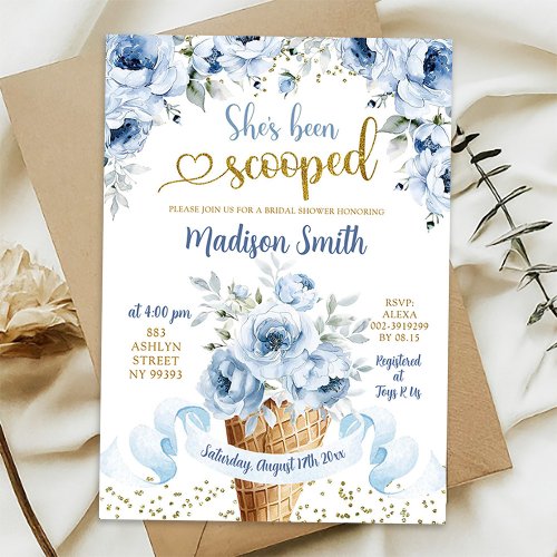 Dusty Blue Floral Ice Cream Scooped Bridal Shower Invitation