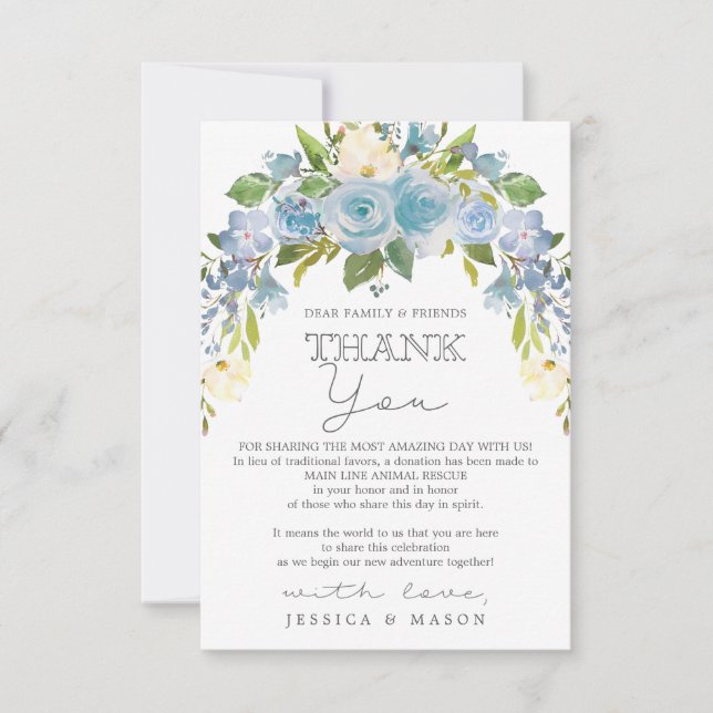 Dusty Blue Floral In Lieu of Favors Place Card (Front)